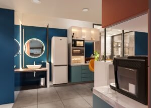 Stylish modern kitchen and bathroom with blue accents, mirrors, and vibrant lighting.